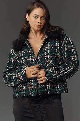 Maeve Plaid Crop Faux-Fur Collar Coat