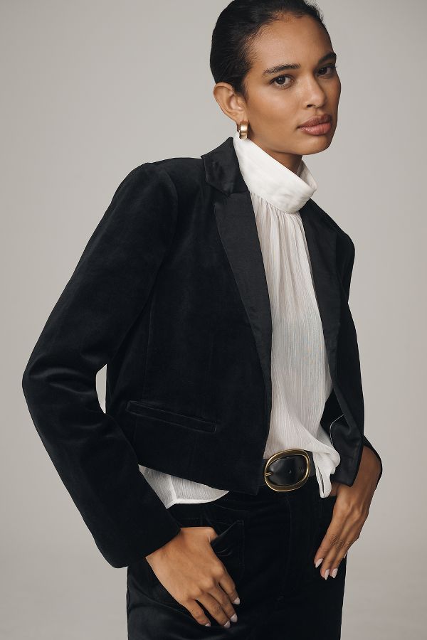 Slide View: 1: Maeve Velvet Cropped Tux Blazer