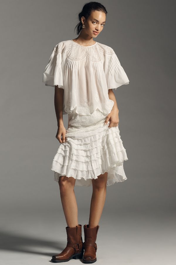 Slide View: 1: Anna Sui Embroidered Ruffle Skirt