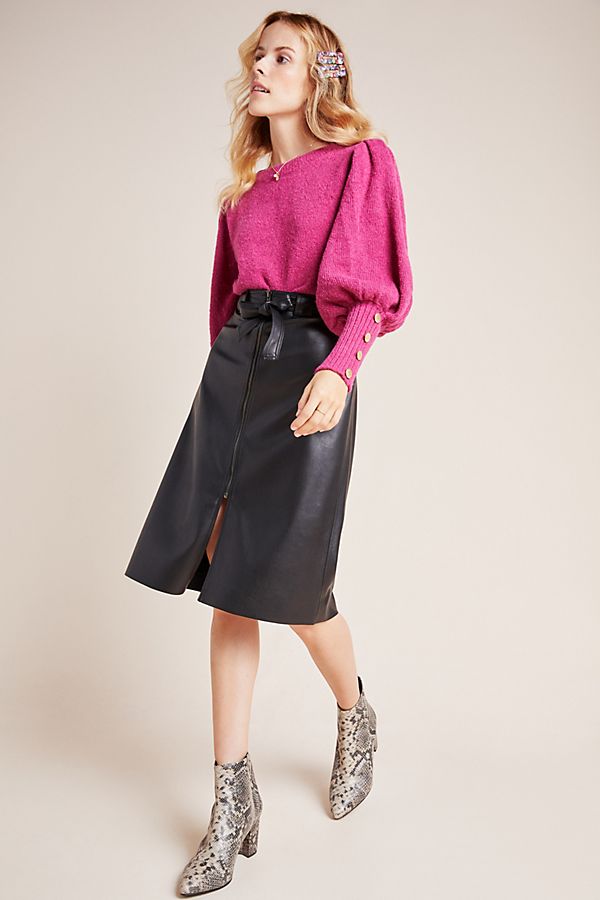 Slide View: 1: Marceline Faux Leather A-Line Midi Skirt