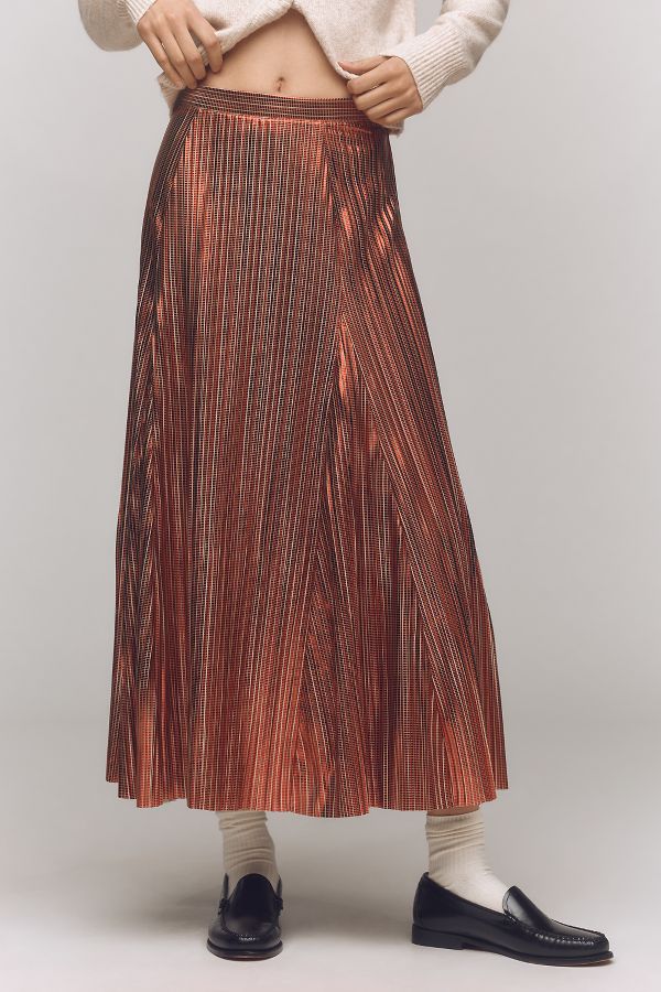 Slide View: 2: By Anthropologie Metallic Pleated Midi Skirt