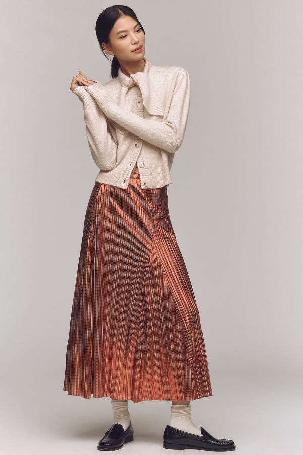 Slide View: 1: By Anthropologie Metallic Pleated Midi Skirt