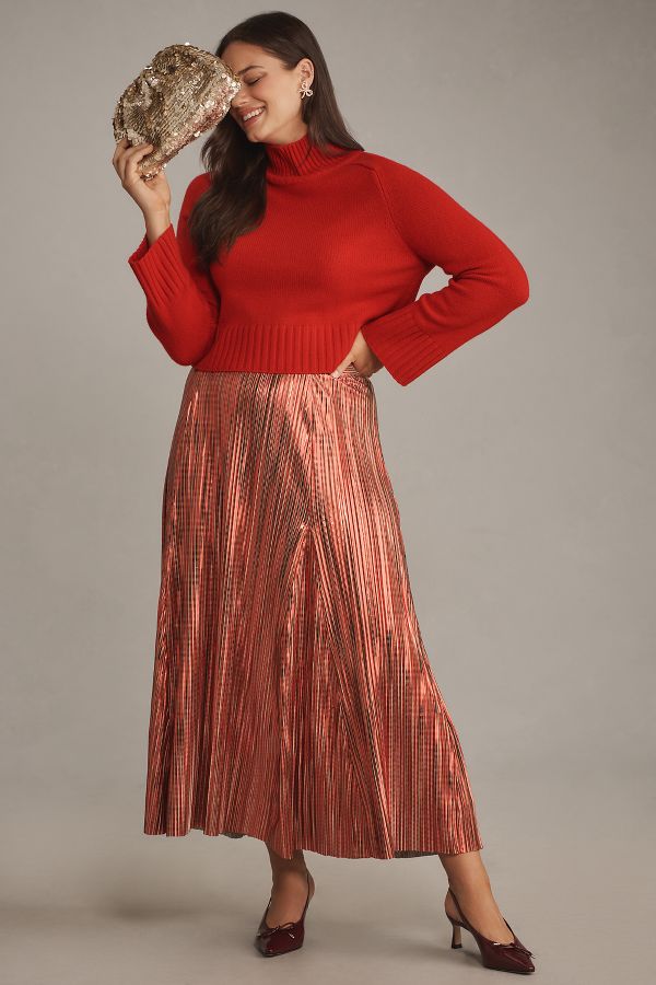 Slide View: 5: By Anthropologie Metallic Pleated Midi Skirt