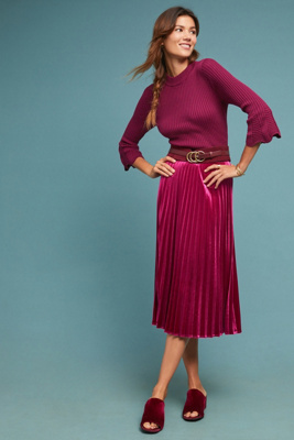 red velvet pleated skirt