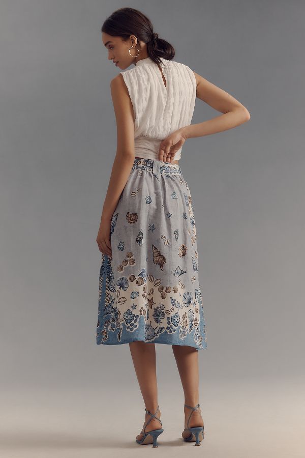 Slide View: 3: Ranna Gill Linen Blend Belted Seashell Midi Skirt