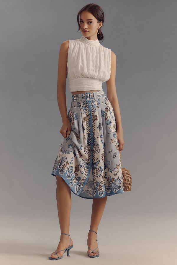 Slide View: 1: Ranna Gill Linen Blend Belted Seashell Midi Skirt