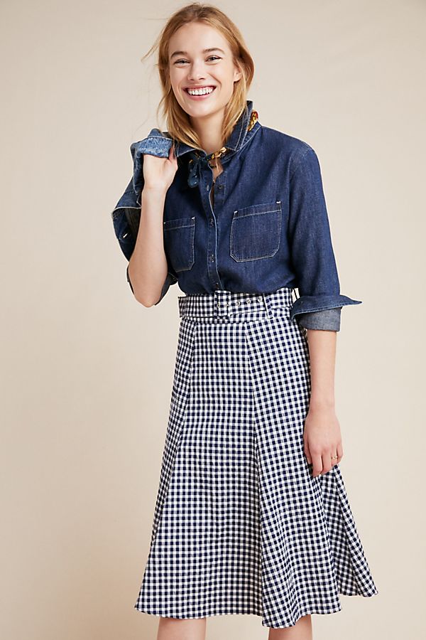 Slide View: 1: Belted Gingham Midi Skirt