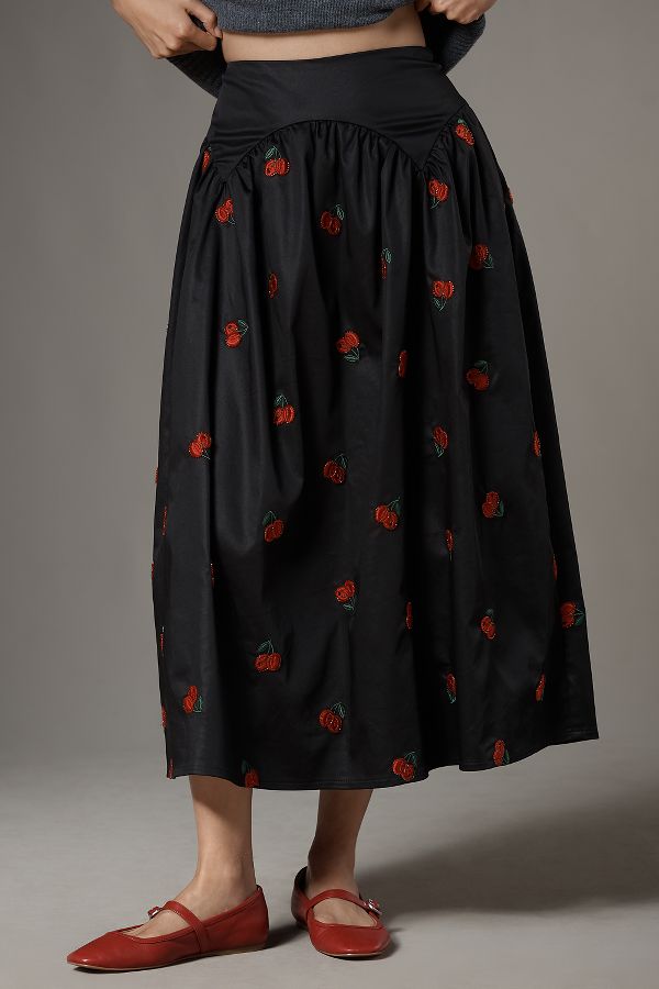 Slide View: 2: Avec Les Filles Cherry Appliqué Full Midi Skirt