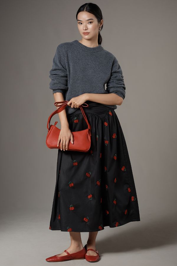 Slide View: 1: Avec Les Filles Cherry Appliqué Full Midi Skirt