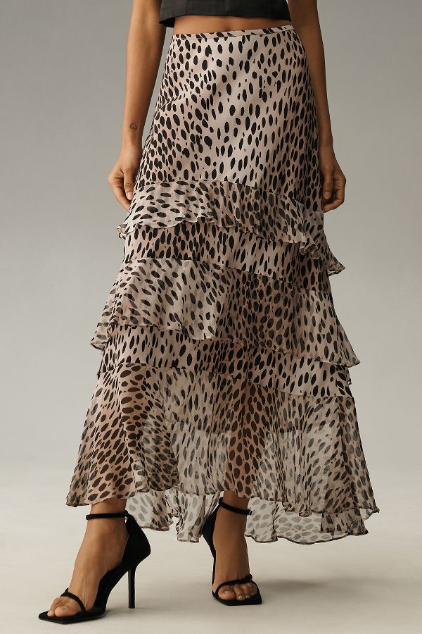 Slide View: 4: RIXO Leopard Preslee Silk Ruffled Midi Skirt