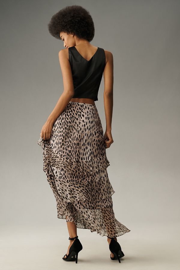 Slide View: 2: RIXO Leopard Preslee Silk Ruffled Midi Skirt