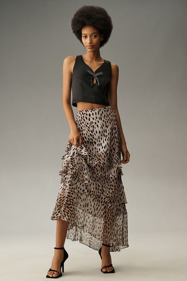 Slide View: 3: RIXO Leopard Preslee Silk Ruffled Midi Skirt