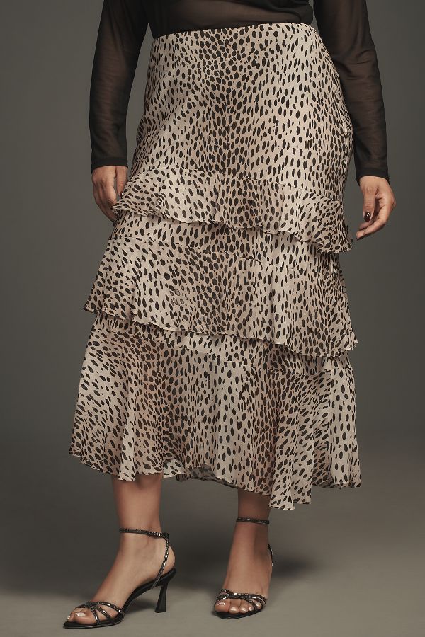 Slide View: 7: RIXO Leopard Preslee Silk Ruffled Midi Skirt