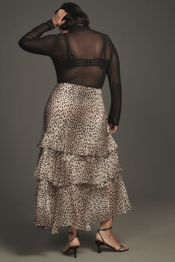 Slide View: 8: RIXO Leopard Preslee Silk Ruffled Midi Skirt