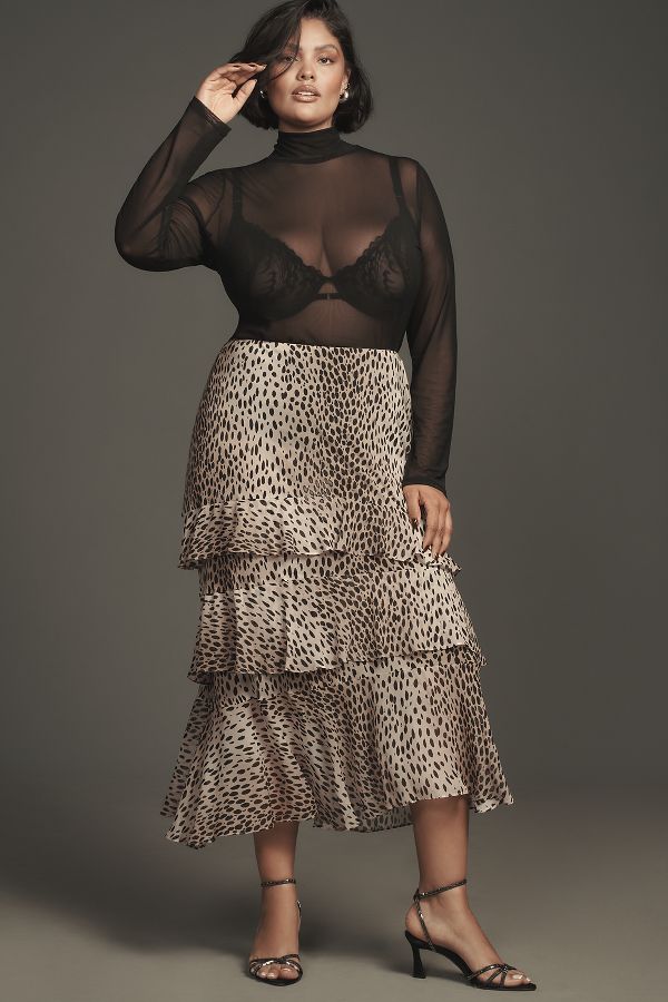 Slide View: 6: RIXO Leopard Preslee Silk Ruffled Midi Skirt