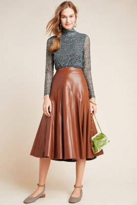 anthropologie red leather skirt