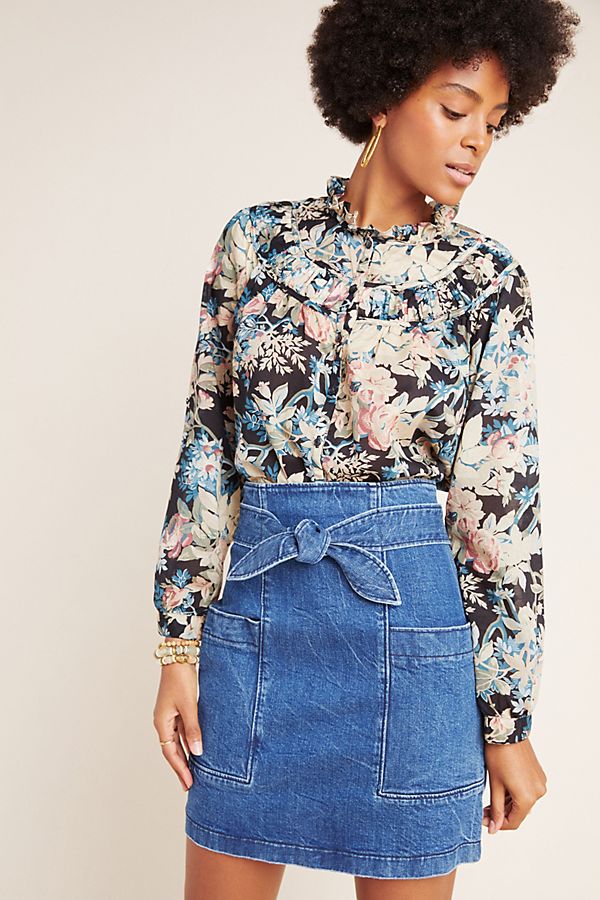 Slide View: 1: Ella Tie-Waist Denim Mini Skirt