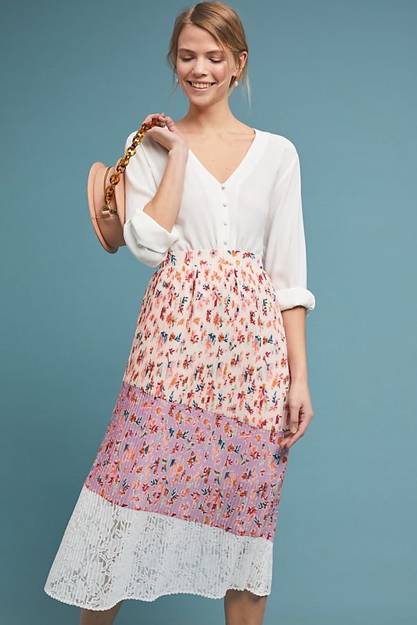Slide View: 1: Pleated Floral Midi Skirt