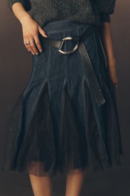 Pilcro Tulle Godet Denim Mid Skirt