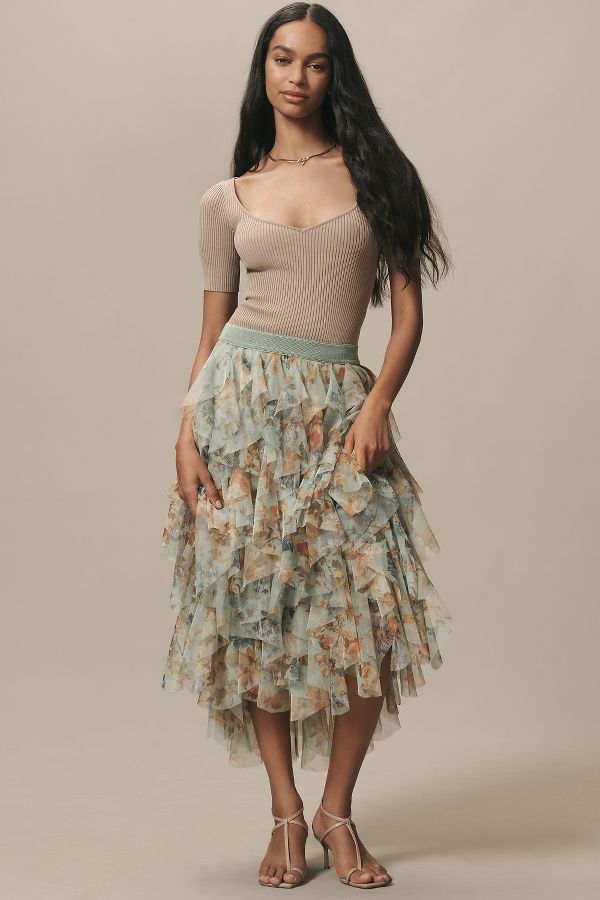 Slide View: 1: The Chéri Ruffled Tulle Midi Skirt by Anthropologie