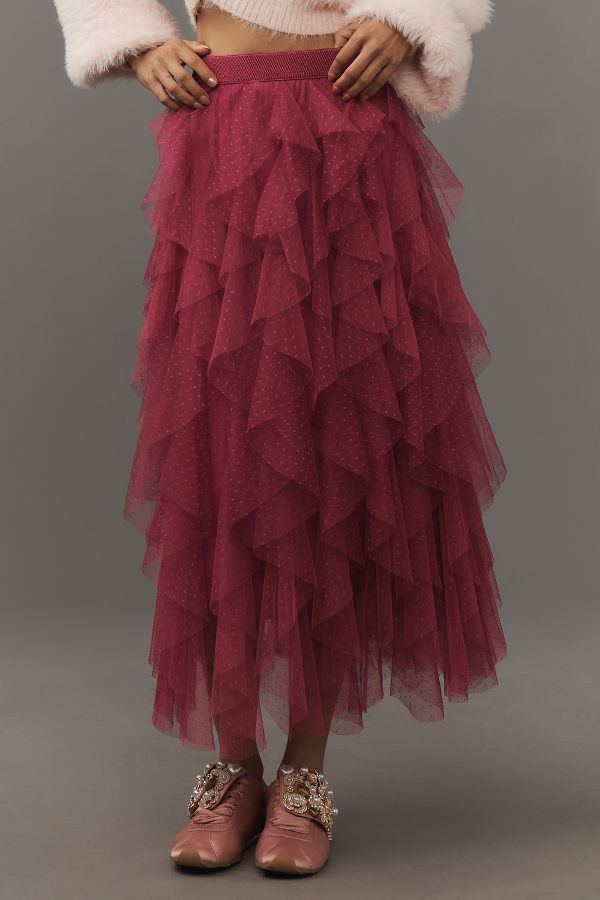 Slide View: 2: The Chéri Ruffled Tulle Midi Skirt by Anthropologie