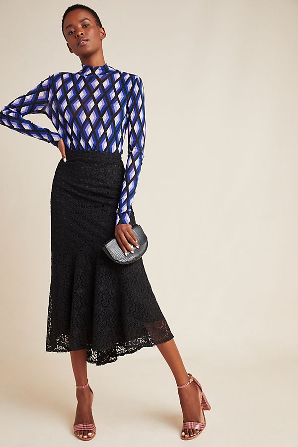 Slide View: 1: Viviette Flounced Lace Midi Skirt
