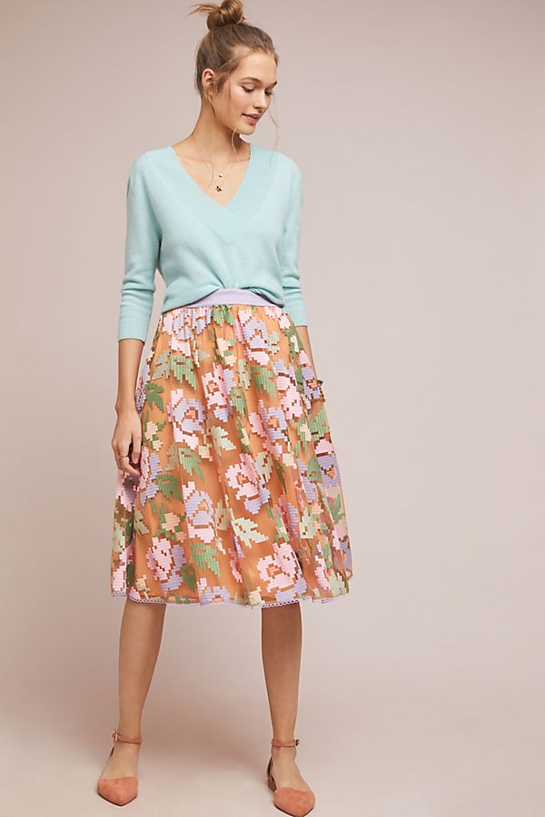 Slide View: 1: Pixilated Tulle Midi Skirt