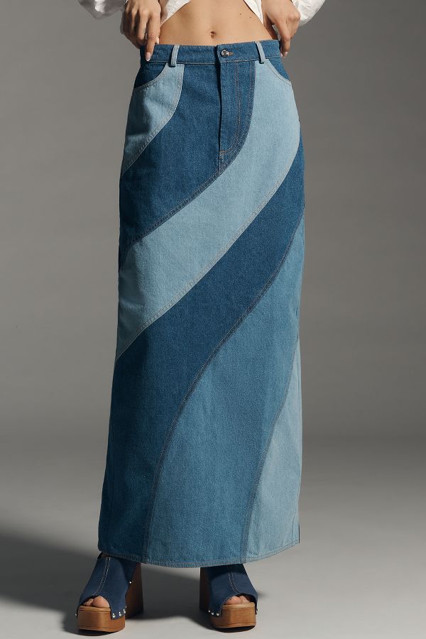 Slide View: 2: Significant Other Saskia Wavy Paneled Denim Maxi Skirt