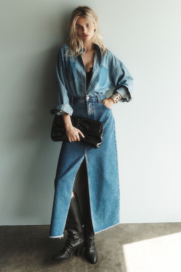 Slide View: 1: The Madi Front-Slit Denim Skirt by Pilcro