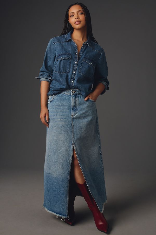 Slide View: 6: The Madi Front-Slit Denim Skirt by Pilcro