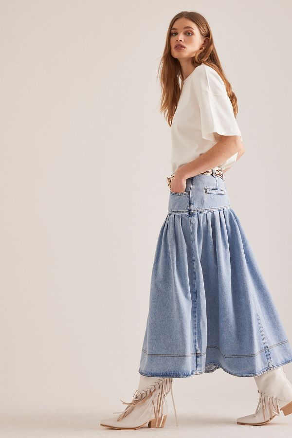 Slide View: 4: Pilcro Pleated Basque-Waist Denim Midi Skirt