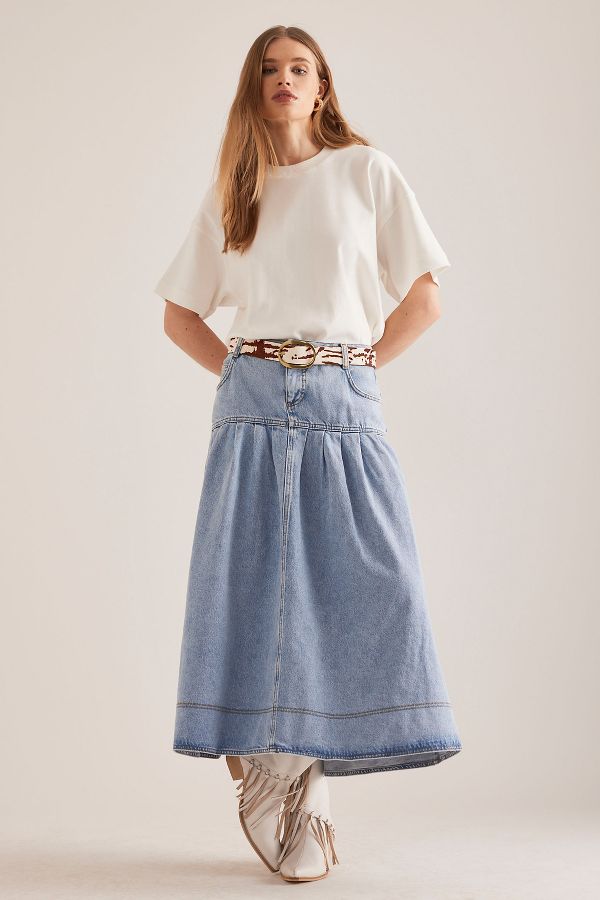 Slide View: 1: Pilcro Pleated Basque-Waist Denim Midi Skirt