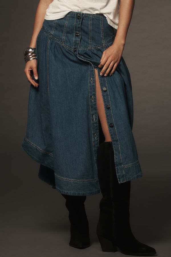 Slide View: 2: Pilcro Basque-Taille Denim Midi Rock