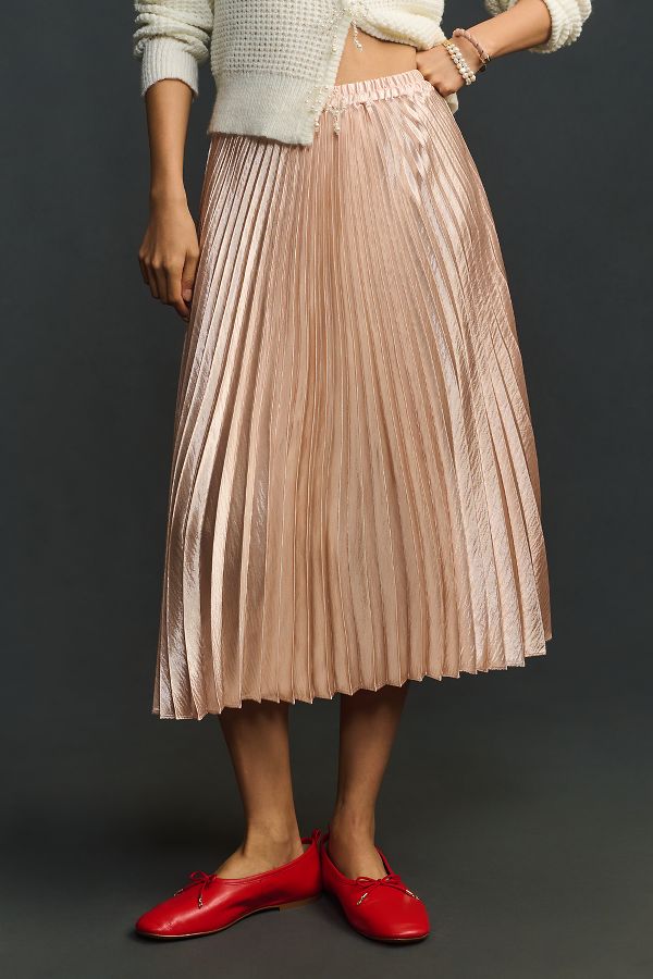 Slide View: 4: Caballero Mia Pleated Satin Midi Skirt