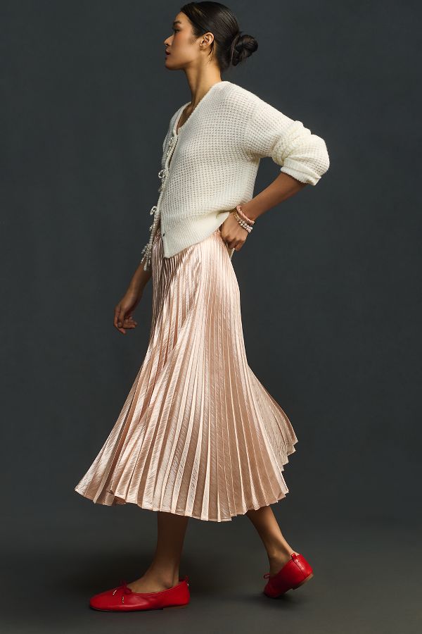 Slide View: 5: Caballero Mia Pleated Satin Midi Skirt