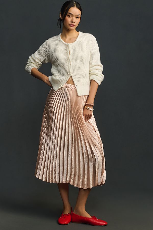 Slide View: 3: Caballero Mia Pleated Satin Midi Skirt