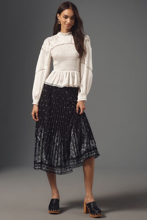 Slide View: 1: Farm Rio Floral Pleated Midi Skirt