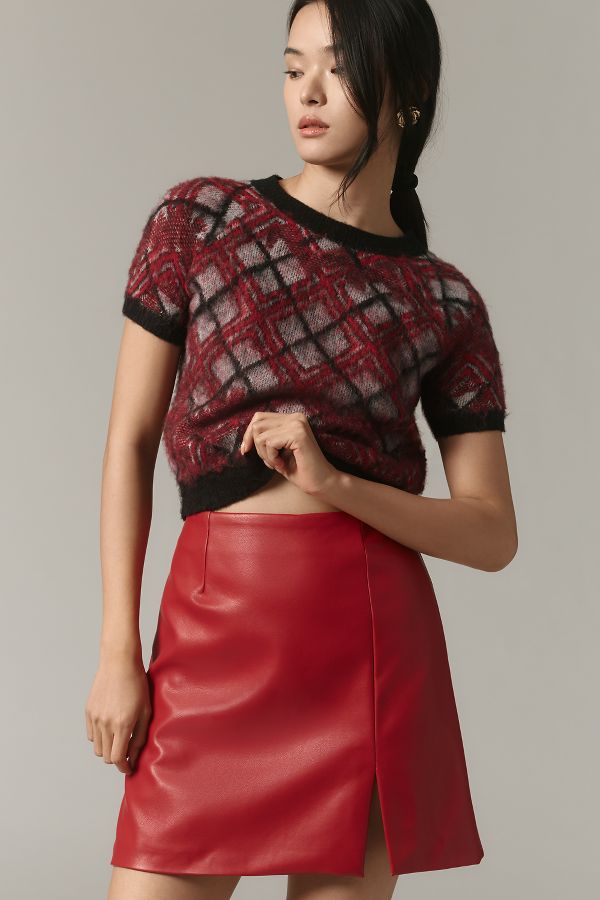 Slide View: 1: Maeve Faux-Leather Side-Slit Micro Mini Skirt