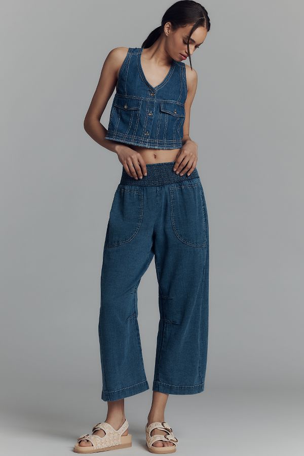 Slide View: 1: Die Reese Gerafften Pull-On Barrel Hosen: Denim Edition