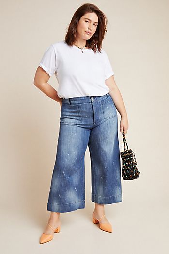 Anthropologie Pilcro Embroidered High-Rise Cropped Bootcut Flare Blue Jeans