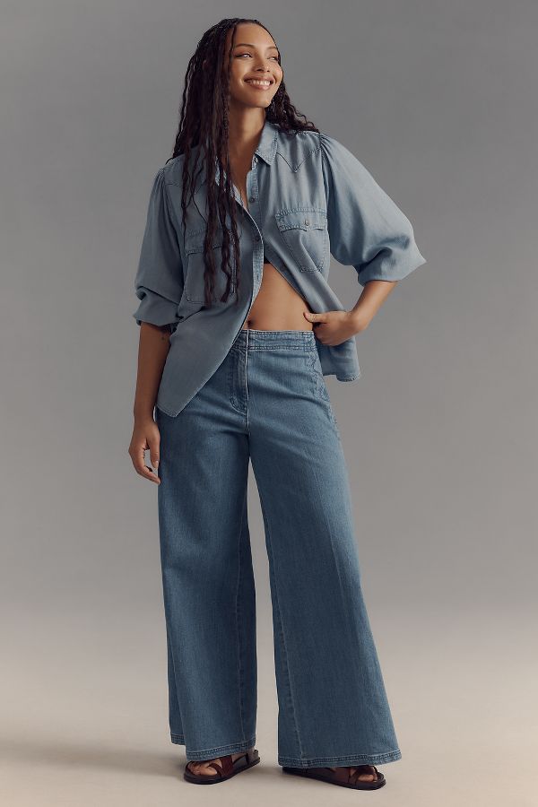 Slide View: 6: Maeve Scallop-Edge High-Rise Wide-Leg Jeans