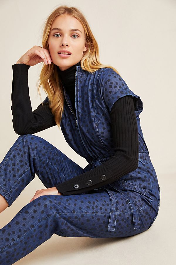 Slide View: 1: Spotted Denim Jumpsuit