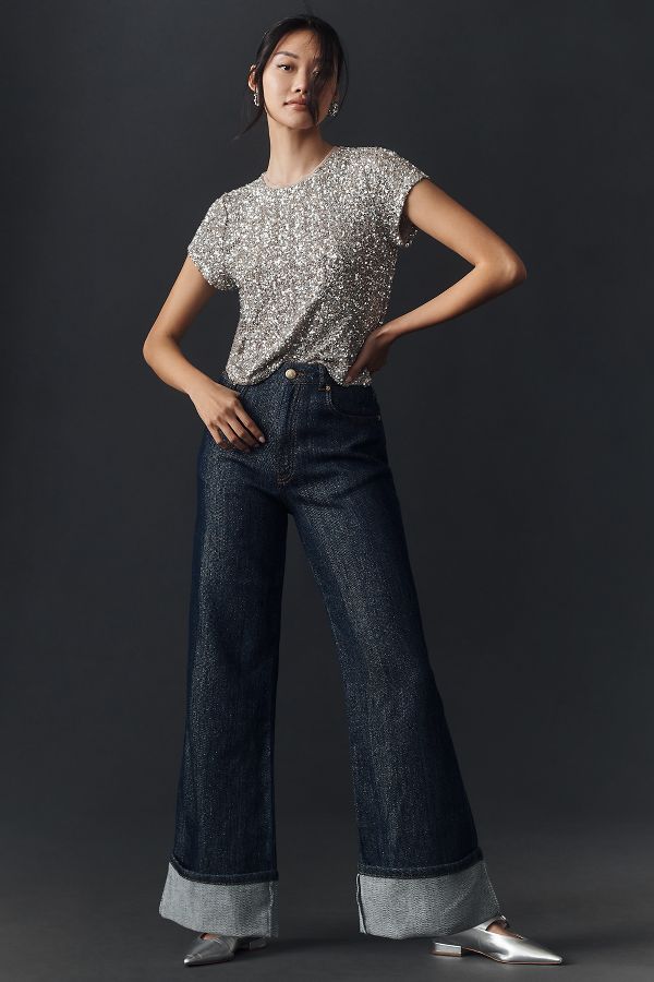 Slide View: 2: Farm Rio Denim Shine High-Rise Wide-Leg Jeans