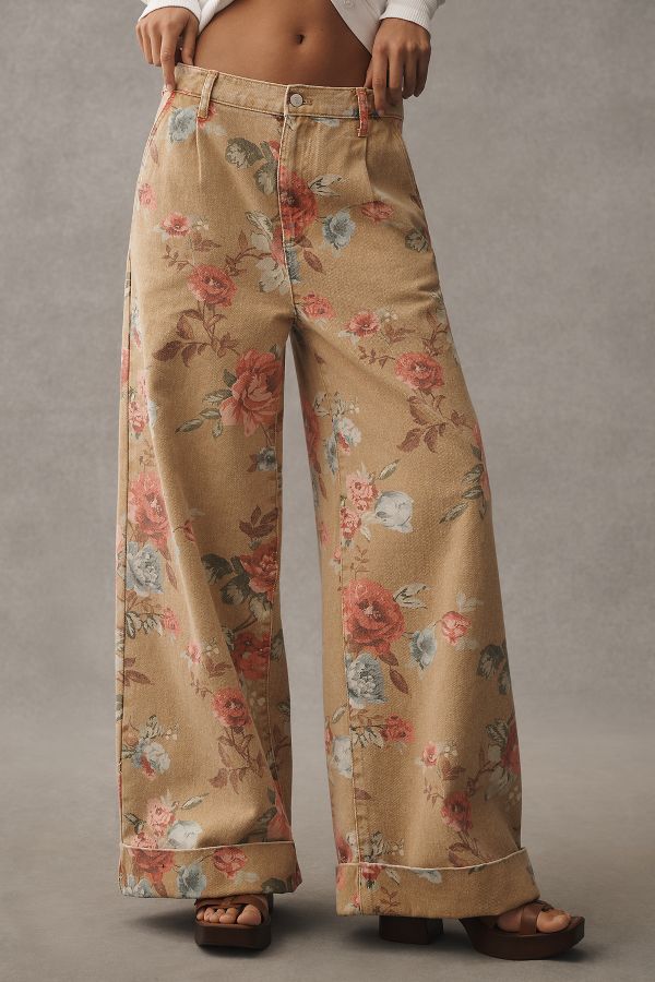 Slide View: 2: The Leon Double Hem High-Rise Wide-Leg Cuffed Jeans by Pilcro: Floral Edition