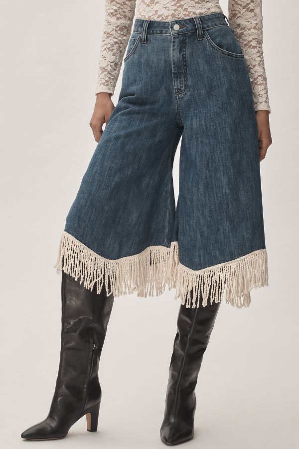 Slide View: 2: Pilcro High-Rise Weites-Bein Fransen Culotte Jeans