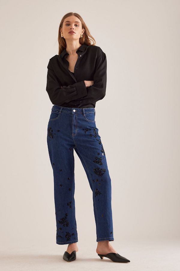 Slide View: 1: The Annie High-Rise Straight-Leg Jeans by Pilcro: Embellished Edition