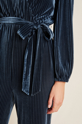 anthropologie blue velvet jumpsuit