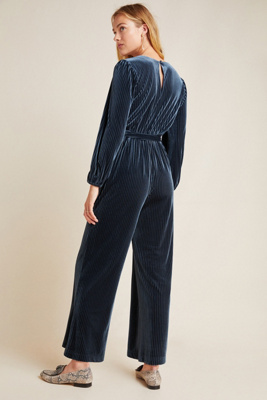 anthropologie blue velvet jumpsuit