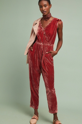 anthropologie blue velvet jumpsuit