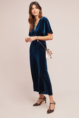 anthropologie blue velvet jumpsuit